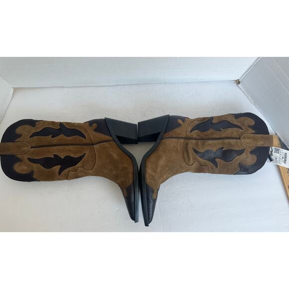 Zara Combined Split Suede Leather Cowgirl Pull On Pointed Toe Mid Calf Boot READ - Picture 5 of 10